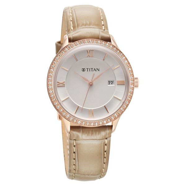 Titan Bright Leathers Silver Dial Analog with Date Leather Strap Watch for Women - image number 1