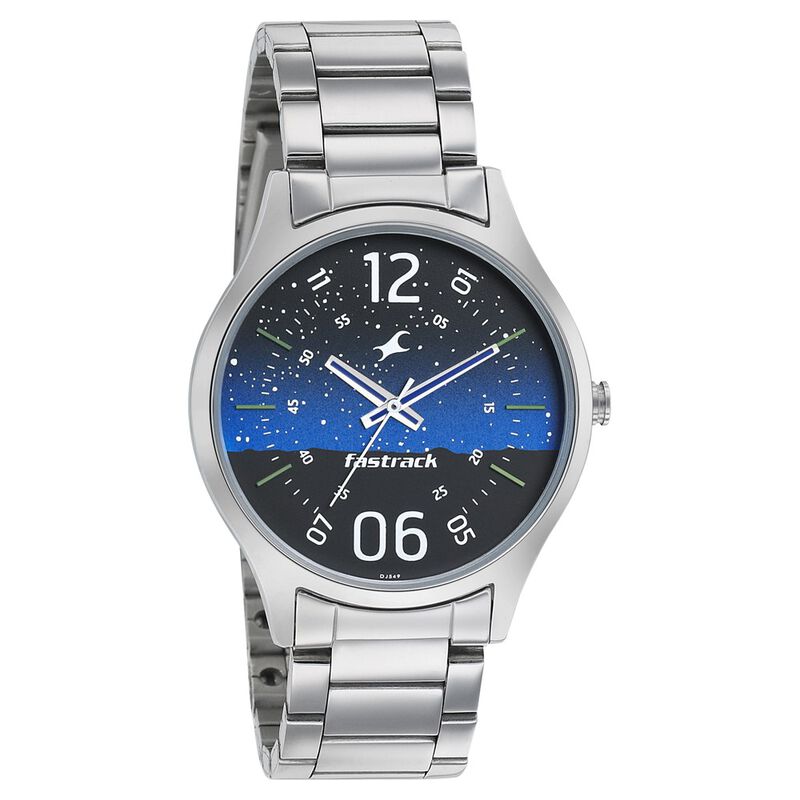 Fastrack Space Rover Quartz Analog Blue Dial Stainless Steel Strap Watch for Guys
