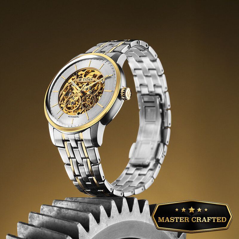 Titan Golden Heart Skeletal Automatic Analog with Silver Dial Dual-Tone Stainless Steel Strap Watch for Men