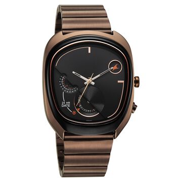 Fastrack UFO Quartz Multifunction Black Dial Brown Stainless Steel Strap Watch For Guys