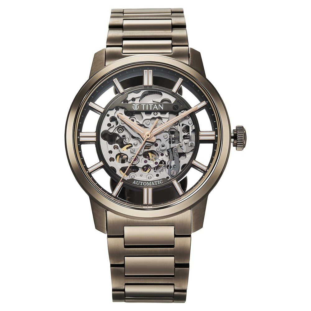 Titan See-Through Skeletal Automatic Analog with Black Dial Copper Brown Stainless Steel Strap Watch for Men-picture-18