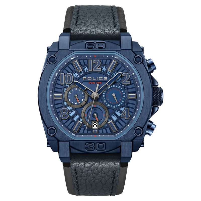 Police Quartz Analog with Dual Time and Date Blue Leather Strap for Men
