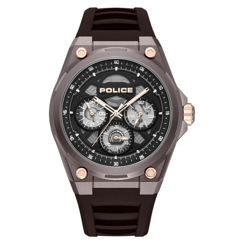 Police Quartz Multifunction Black Dial Brown Silicone Strap Watch For Men