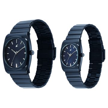 Fastrack Mixmatched Quartz Analog Multicoloured Dial Two Toned Stainless Steel Strap Watch For Couple