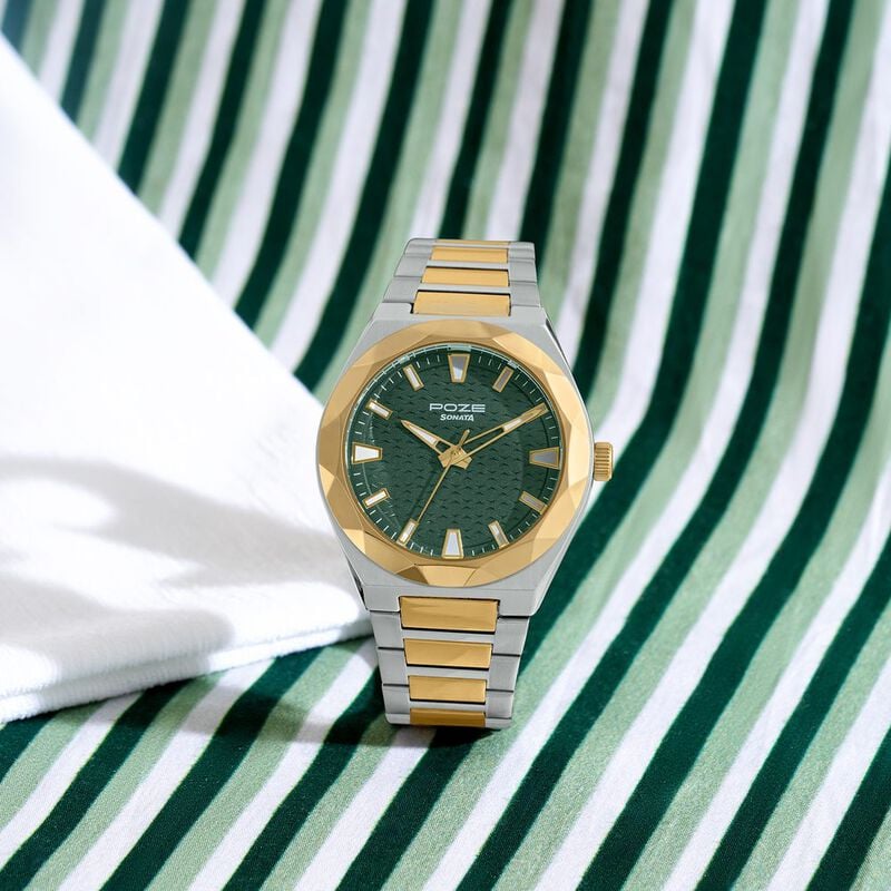 Poze Poze Quartz Analog Green Dial Two Toned Metal Strap Watch For Men