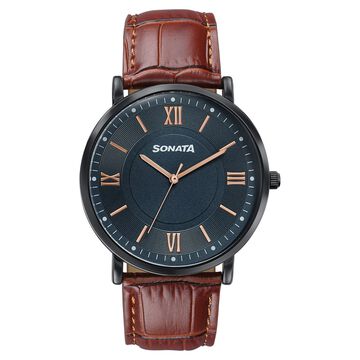 Sonata Verve Quartz Analog Black Dial Brown Leather Strap Watch For Men