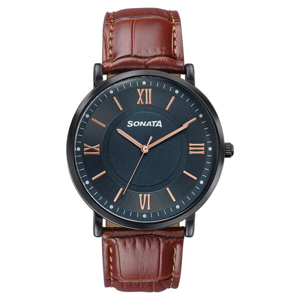 Sonata Verve Quartz Analog Black Dial Brown Leather Strap Watch For Men - image number 0