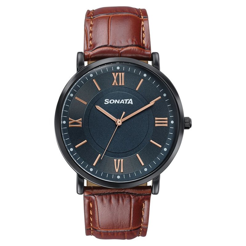 Sonata Verve Quartz Analog Black Dial Brown Leather Strap Watch For Men
