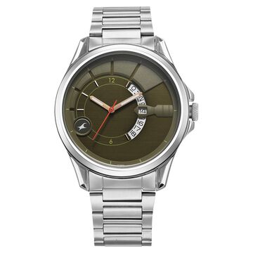 Fastrack Groove Quartz Analog with Date Green Dial Silver Stainless Steel Strap Watch For Guys