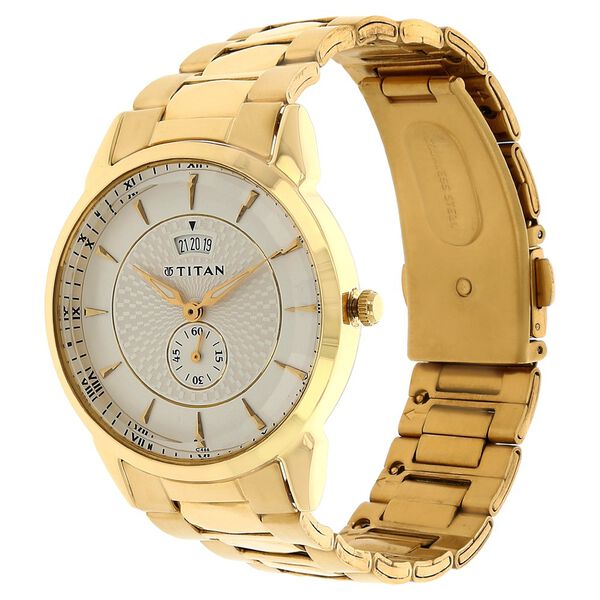 Titan Quartz Analog with Date Silver Round Dial Golden Stainless Steel Strap Watch For Men - image number 1