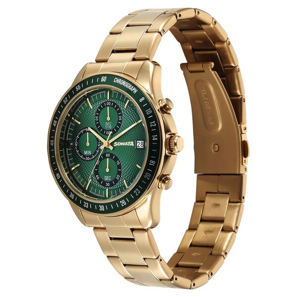 Sonata Chronos Quartz Analog with Date Green Dial Golden Colour Stainless Steel Strap Watch For Men - image number 2