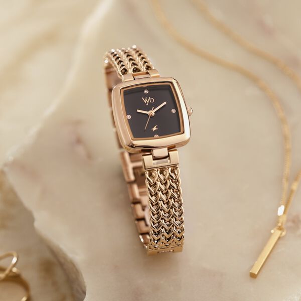 Fastrack Vyb Showstopper Quartz Analog Black Dial Rose Gold Metal Strap Watch For Girls - image number 0