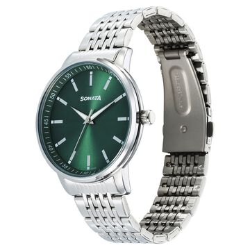 Sonata Wedding Quartz Analog Green Dial Stainless Steel Strap Watch For Men