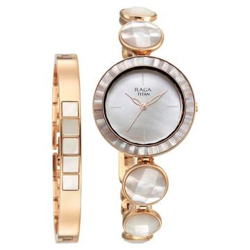 Titan Raga Power Pearls Quartz Analog Mother Of Pearl Dial faceted MOP Strap Watch for Women