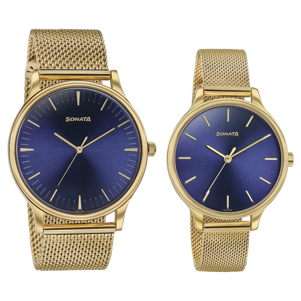 Buy Online Sonata Modern Bandhan Quartz Analog Blue Dial Stainless Steel Strap Watch for Couple 7710587050ym03 Titan