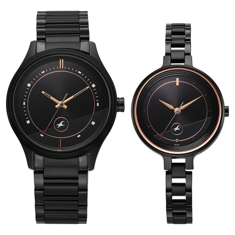 Fastrack Mixmatched Quartz Analog Black Dial Black Stainless Steel Strap Watch For Couple