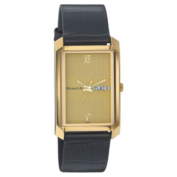 Sonata Quartz Analog with Day and Date Champagne Dial Strap Watch for Men