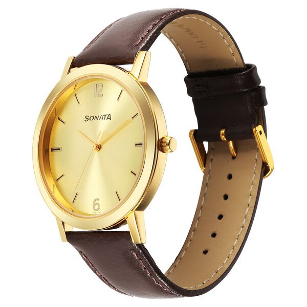 Sonata Utsav Quartz Analog Champagne Dial Leather Strap Watch for Men - image number 1