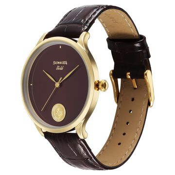 Sonata Gold Quartz Analog Regal Maroon With Gold Coin Dial Brown Leather Strap Watch For Men