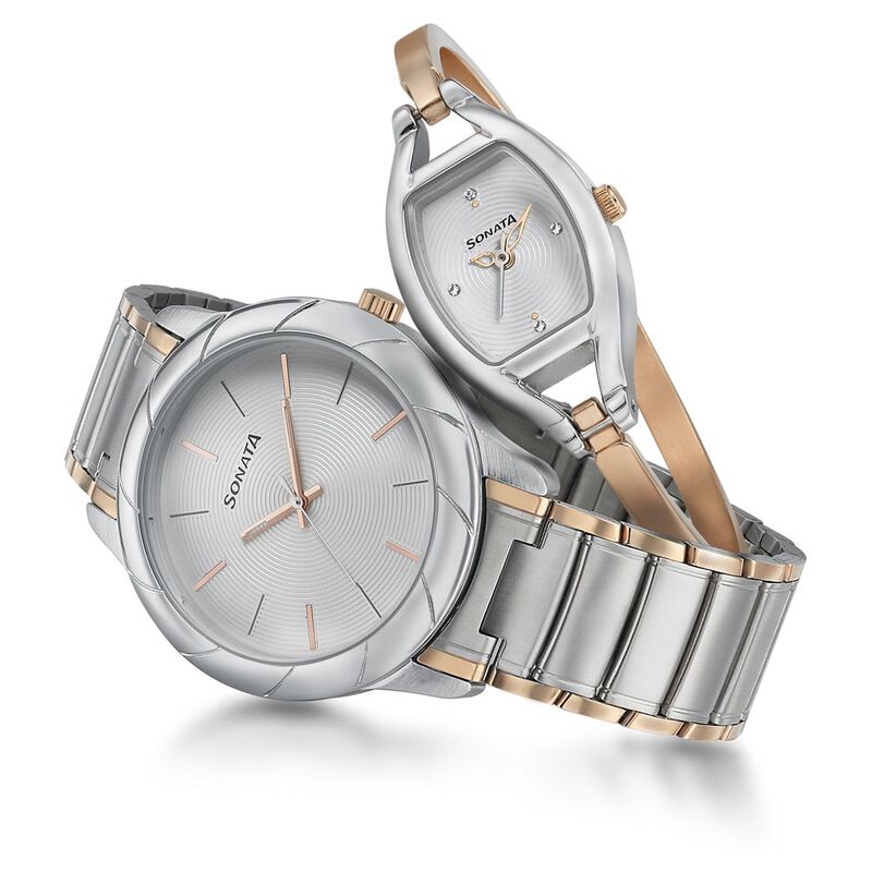 Sonata Quartz Analog Beige Dial Stainless Steel Strap Watch for Couple - image number 3