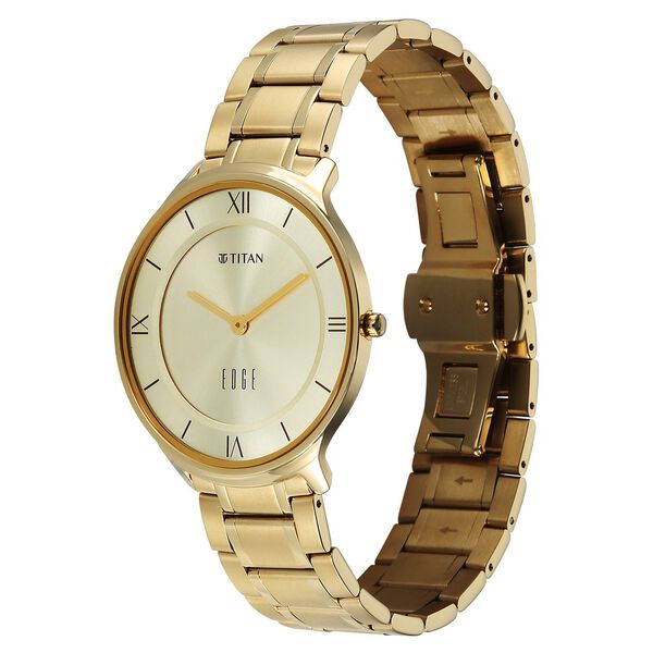 Titan Edge Gleam Quartz Analog Champagne Dial Golden Stainless Steel Strap Watch For Men - image number 2