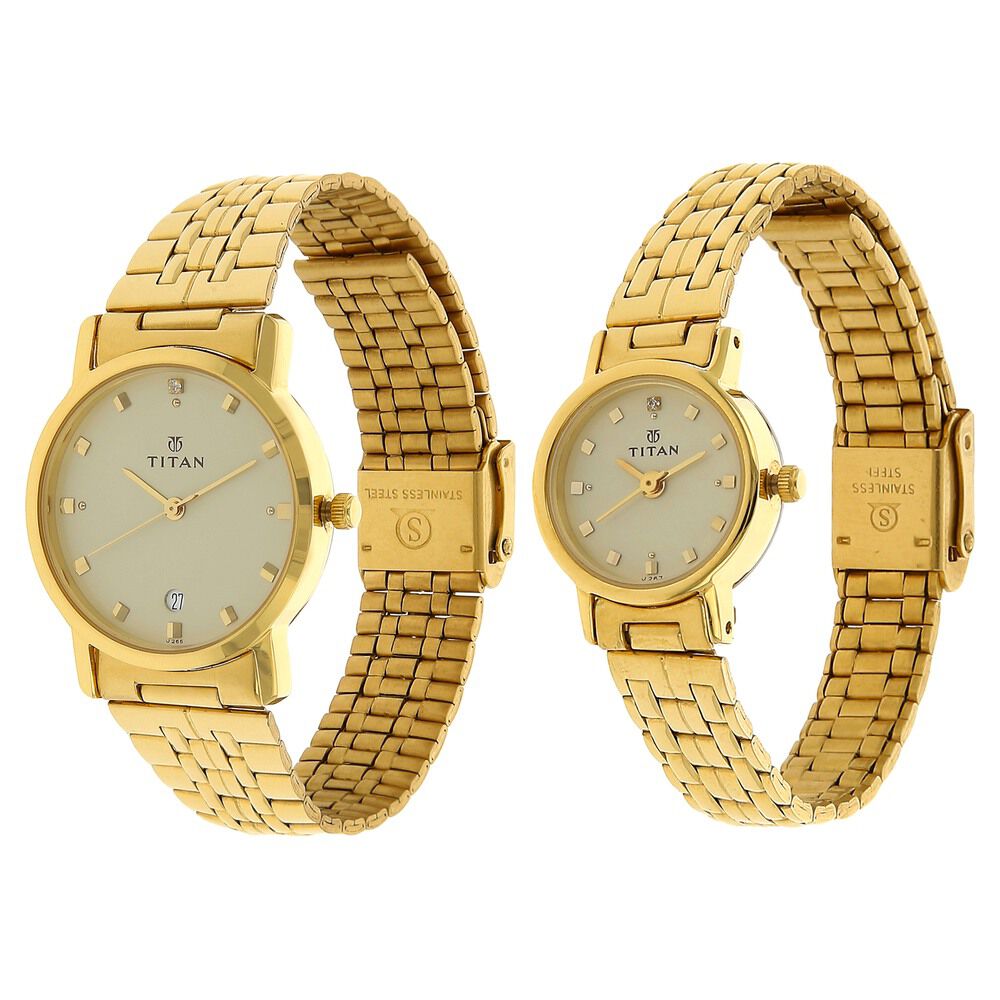 Buy Online Titan Quartz Analog Champagne Dial Stainless Steel Strap Watch for Couple nf617917ym08p Titan