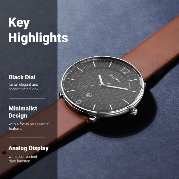 Titan Minimals Black Dial Analog Date Leather Strap Watch for Men - image number 2