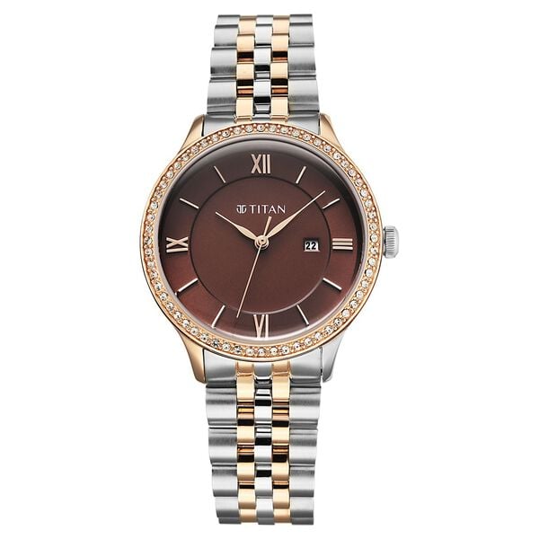 Titan Purple Prestige Quartz Analog with Date Brown Dial Brown Stainless Steel Strap Watch For Women - image number 0