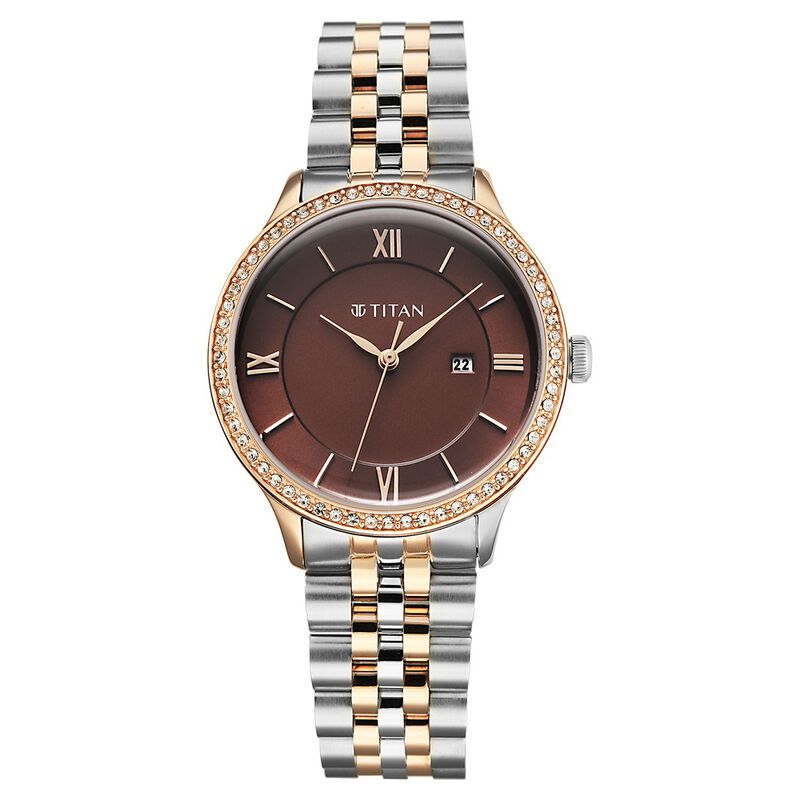 Titan Purple Prestige Quartz Analog with Date Brown Dial Brown Stainless Steel Strap Watch For Women