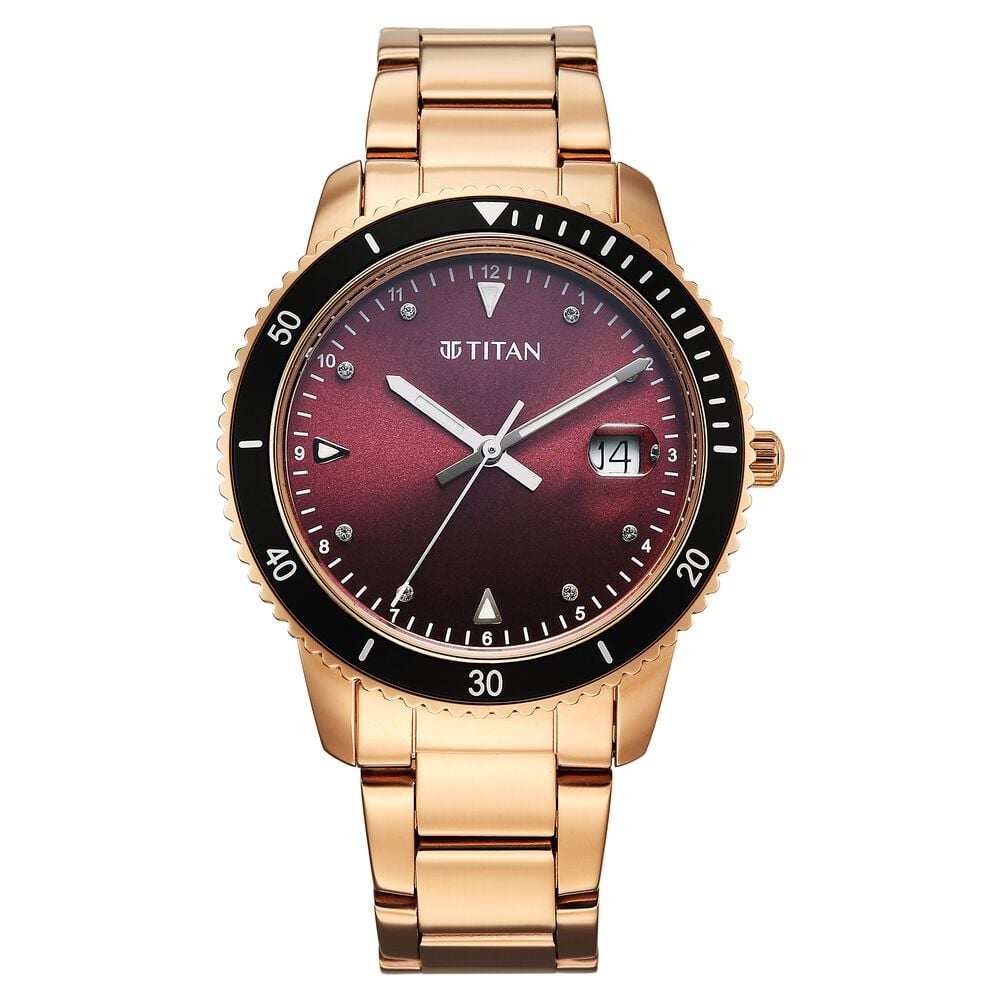 Titan Purple Sports Fashion Quartz Analog with Date Red Dial Rose Gold Stainless Steel Strap Watch For Women-image-44