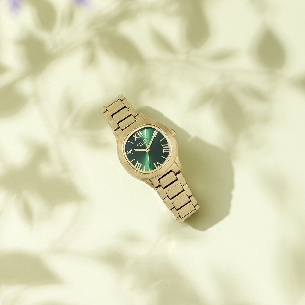 Poze By Sonata Quartz Analog Green Dial Golden Metal Strap Watch For Women-image-25