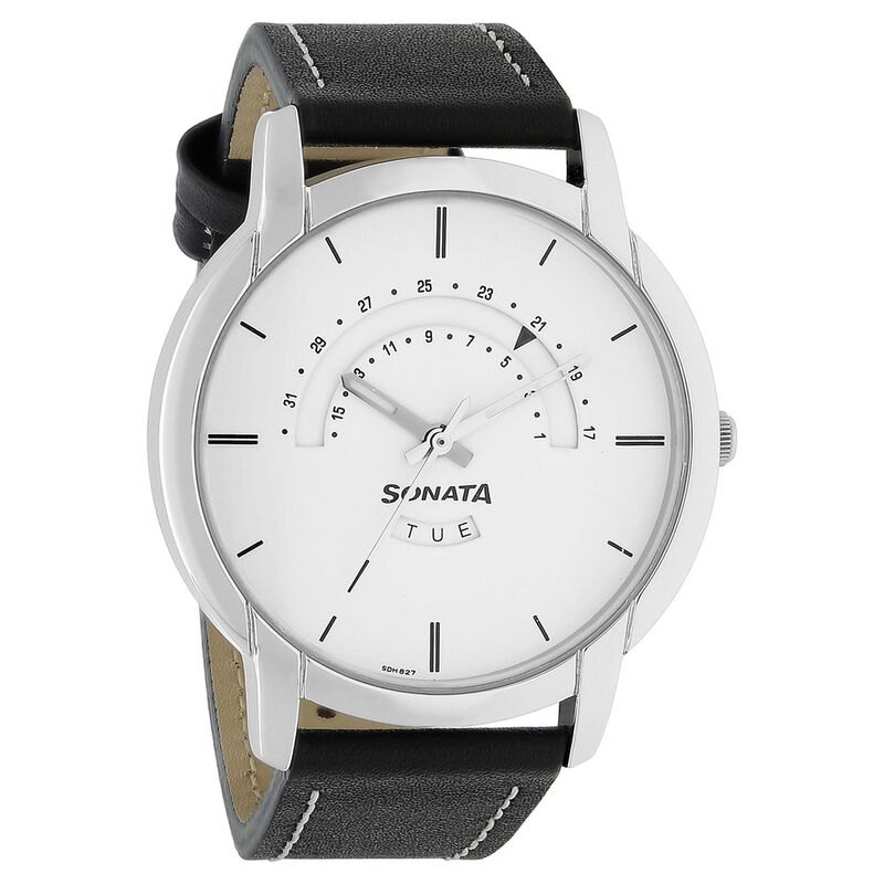 Sonata Quartz Analog with Day and Date White Dial Leather Strap Watch for Men - image number 1