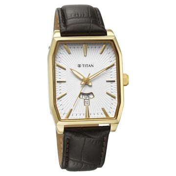 Titan Regalia Opulent White Dial Analog with Day and Date Leather Strap Watch for Men