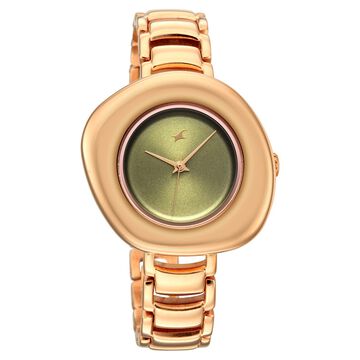 Fastrack Analog Green Dial Women's Watch with Rose Gold Metal Bracelet