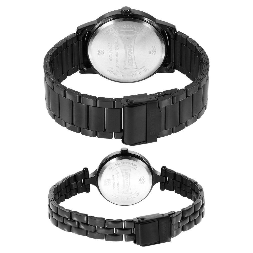 Buy Online Sonata Quartz Analog Black Dial Stainless Steel Strap Watch for Couple ns7712587040nm01p Titan
