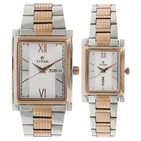 Titan Quartz Analog with Day and Date Silver Dial Stainless Steel Strap Watch for Couple - image number 0