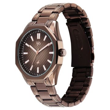 Vyb Quest By Fastrack Quartz Analog Brown Dial Brown Metal Strap Watch For Guys