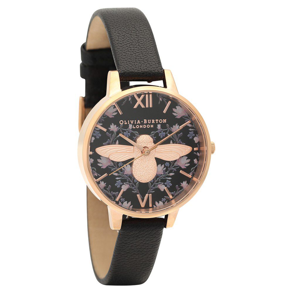 Olivia burton black leather watch deals