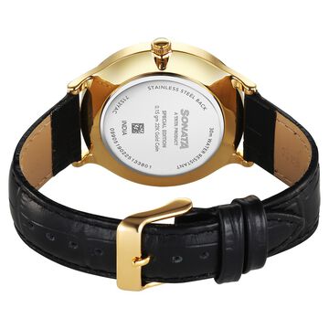 Sonata Gold Quartz Analog Watch for Men with Black Dial Leather Strap With An Eye-Catching Gold Coin on Dial