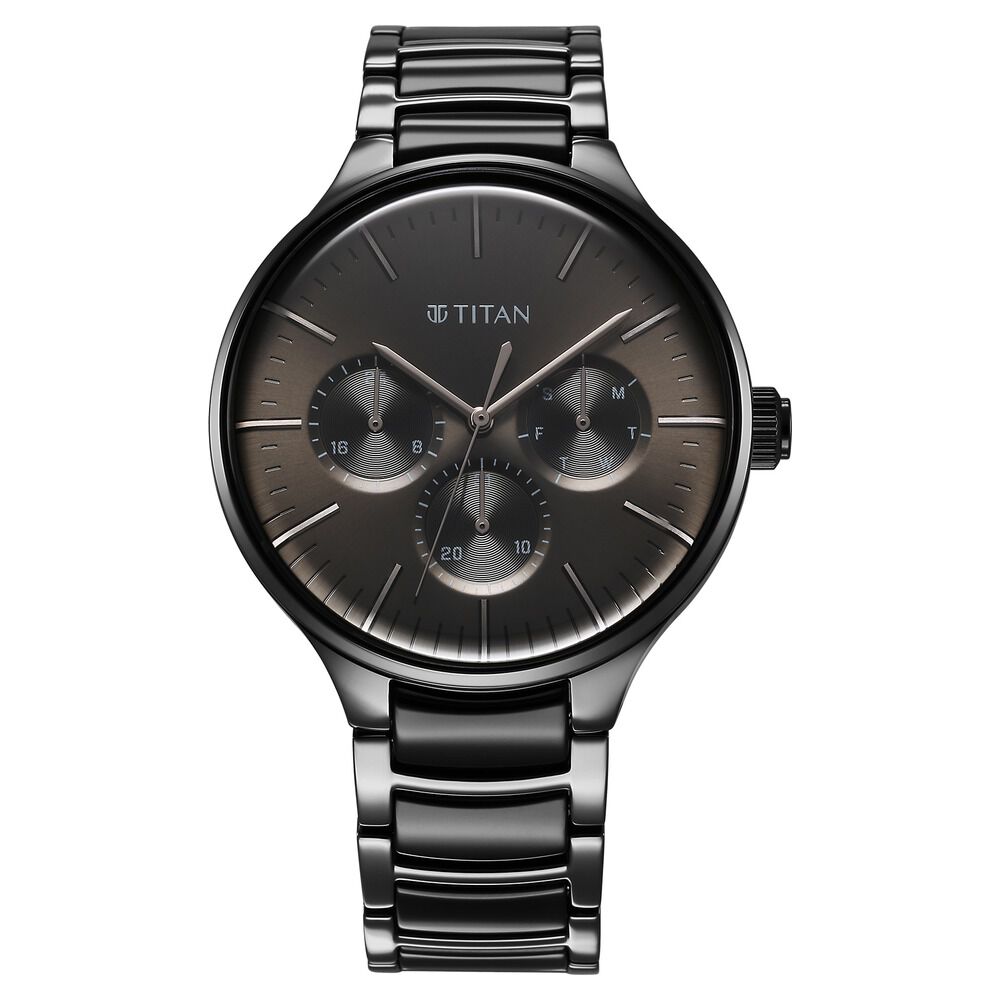 Buy Online Titan Ceramic Fusion Quartz Multifunction Black Dial With Two Toned Color Stainless Steel Strap Watch For Men 90148kd06 Titan