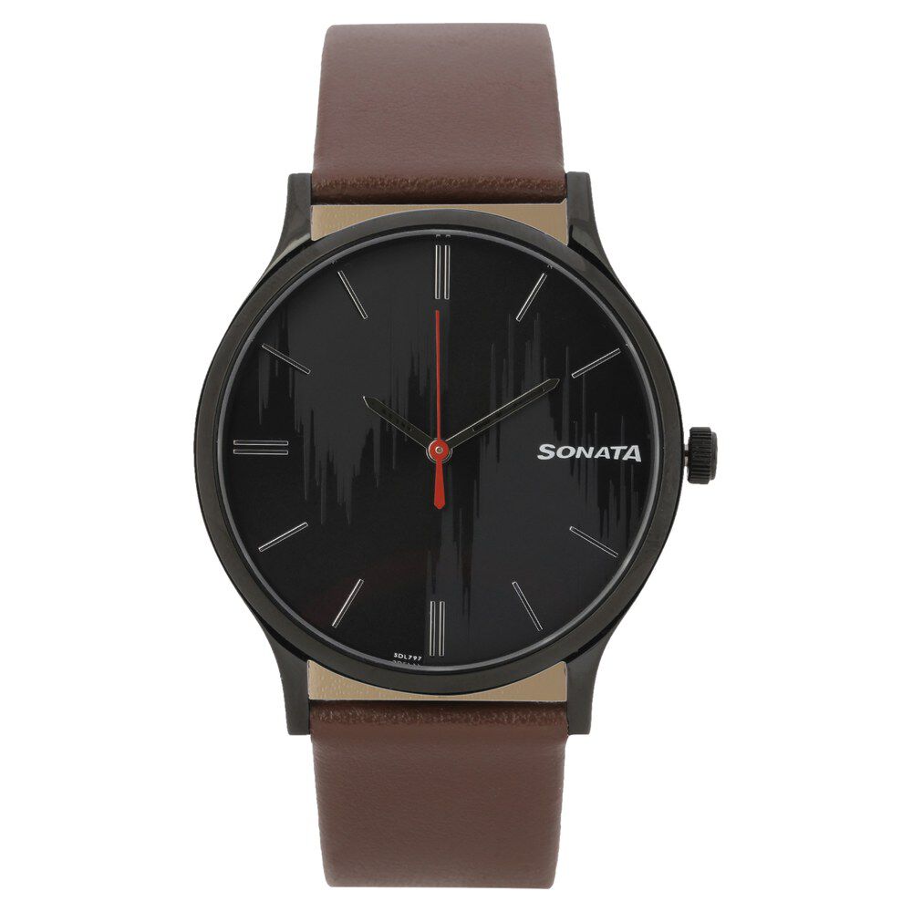 Buy Online Sonata Knot Grey Dial Leather Strap Watch for Men nr77105nl04 Titan