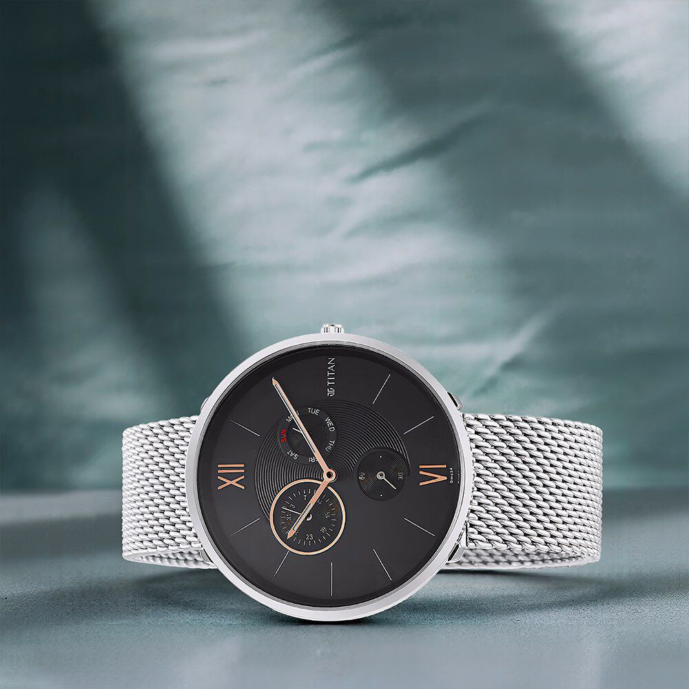 Titan Slim Quartz Multifunction Black Dial Stainless Steel Strap watch for Men-image-19
