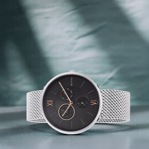 Titan Slim Quartz Multifunction Black Dial Stainless Steel Strap watch for Men - image number 0