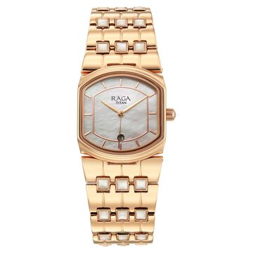 Titan Raga Power Pearls 2.0 Quartz Analog Mother Of Pearl Dial Rose Gold Metal Strap Watch For Women