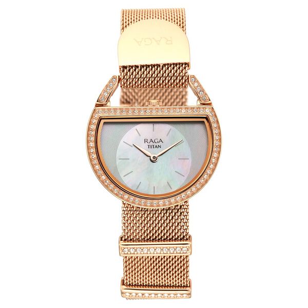 Titan Raga Unlocked Quartz Analog Mother Of Pearl Dial Rose Gold Stainless Steel Strap Watch For Women - image number 0