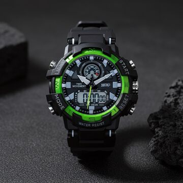 Zoop Bolt Ana Digi Watch with Black and Green Multi Color Case and Black Color Strap for Boys Kids, from House of Titan