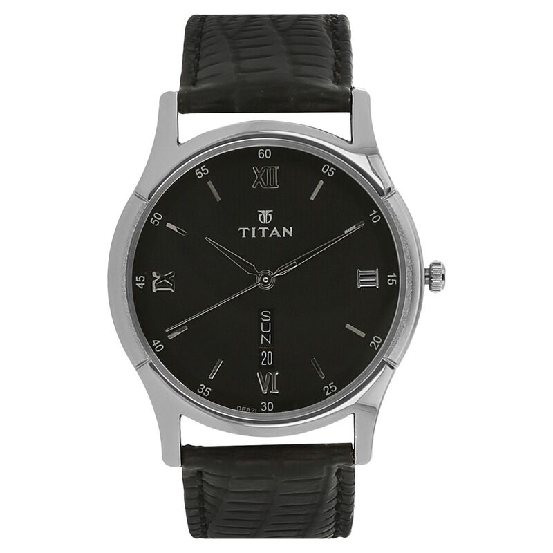 Titan Quartz Analog with Day and Date Black Dial Leather Strap Watch for Men