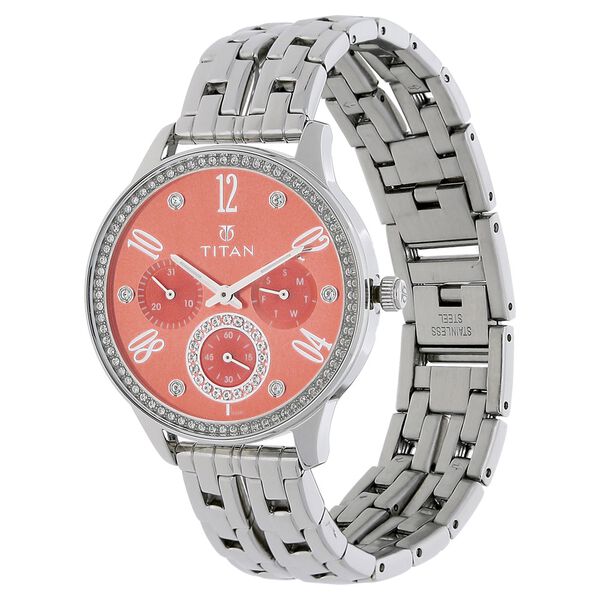 Titan Quartz Multifunction Orange Dial Stainless Steel Strap Watch for Women - image number 1