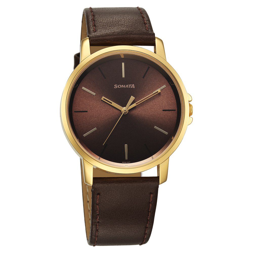 Buy Online Sonata Traditional Essentials Quartz Analog Brown Dial Leather Strap Watch for Men 77083yl05 Titan