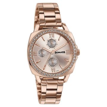 Sonata Festive Quartz Multifunction Rose Gold Dial Rose Gold Metal Strap Watch For Women